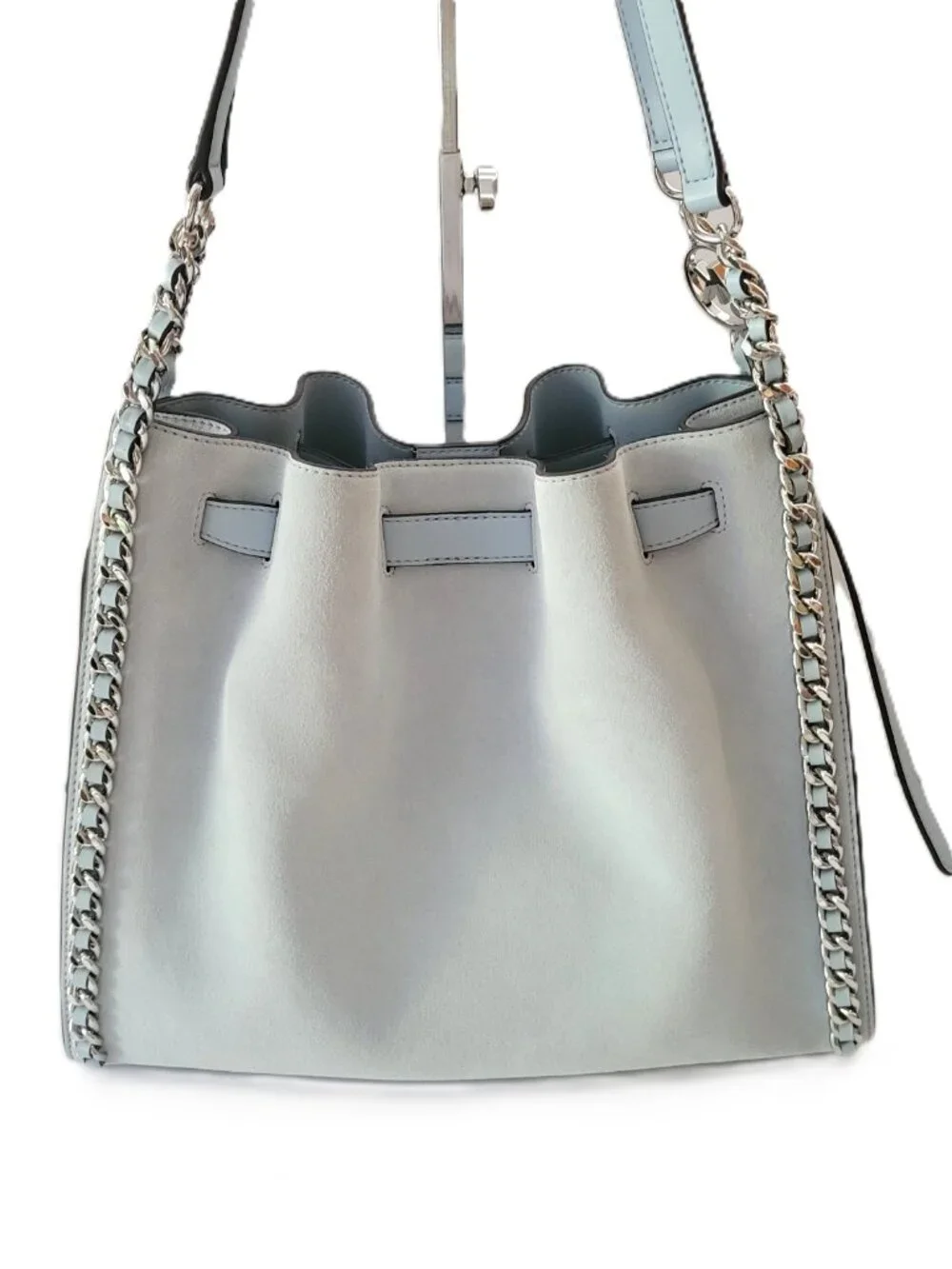 Michael Kors Mina Large Belted Chain Inlay Shoulder Bag Tote Pale Ocean Suede